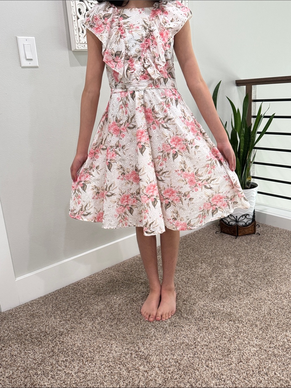 Girls Floral Eyelet Dress with Ruffle Detail